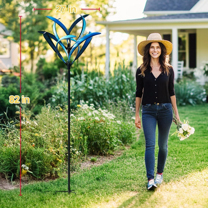 LimeHill Wind Spinner for Yard and Garden - Large Metal Kinetic Wind Sculptures for Outdoor Decorations (Blue Magnolia) - Image 2